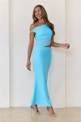 Shimmering Edge Off Shoulder Mesh Maxi Dress Blue
