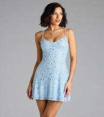 Sparkly Floral Sequin Lace-Up A-Line Mini Dress