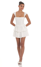 Wide Strap Ruffle Dress in White
