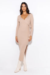 Season Style Ribbed Midi Dress Beige
