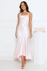 Shimmer Crystal Satin Halter Maxi Dress Pink