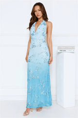 Shine Society Embellished Halter Maxi Dress Blue