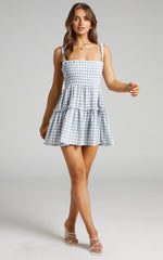 Wilda Mini Dress - Shirred Tiered Dress in Light Blue Gingham