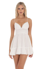 Dotted V-Neck A-line Dress in White