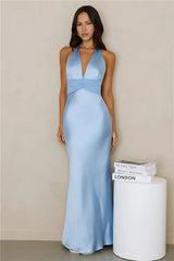 Spiced Sunset Satin Halter Maxi Dress Blue