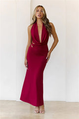 Silk Essence Halter Maxi Dress Burgundy