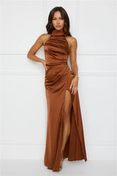 Sonnet Satin Halter Maxi Dress Chocolate