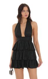 Pleated Ruffle Dress in Black