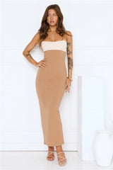 Silent Allure Strapless Maxi Dress Camel