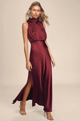 Classic Elegance Wine Satin Maxi Dress