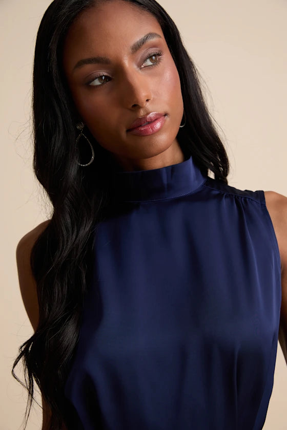 Classic Elegance Navy Satin Sleeveless Mock Neck Maxi Dress