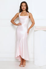 Shimmer Crystal Satin Halter Maxi Dress Pink