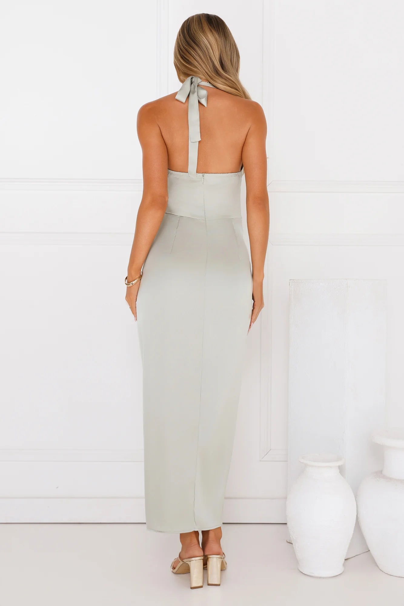 Silken Promise Satin Halter Maxi Dress Sage