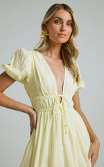 Portofino Midi Dress - V Neck Puff Sleeve Dress in Yellow