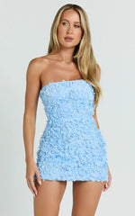 Strapless 3D Floral Lace Up Back Dress in Pale Blue