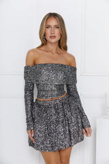 Shiny Side Off Shoulder Sequin Long Sleeve Top Gunmetal