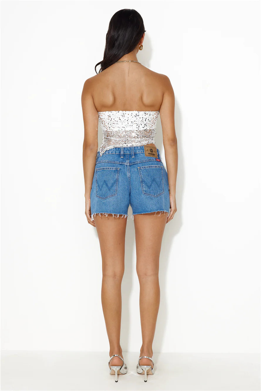 She Is The Party Strapless Sequin Crop Top Silver