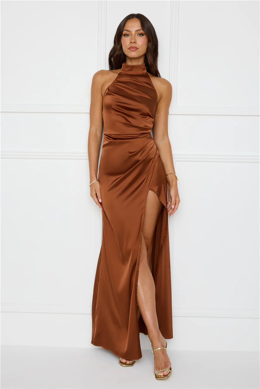 Sonnet Satin Halter Maxi Dress Chocolate