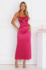 Shimmer Society Satin Maxi Dress Magenta