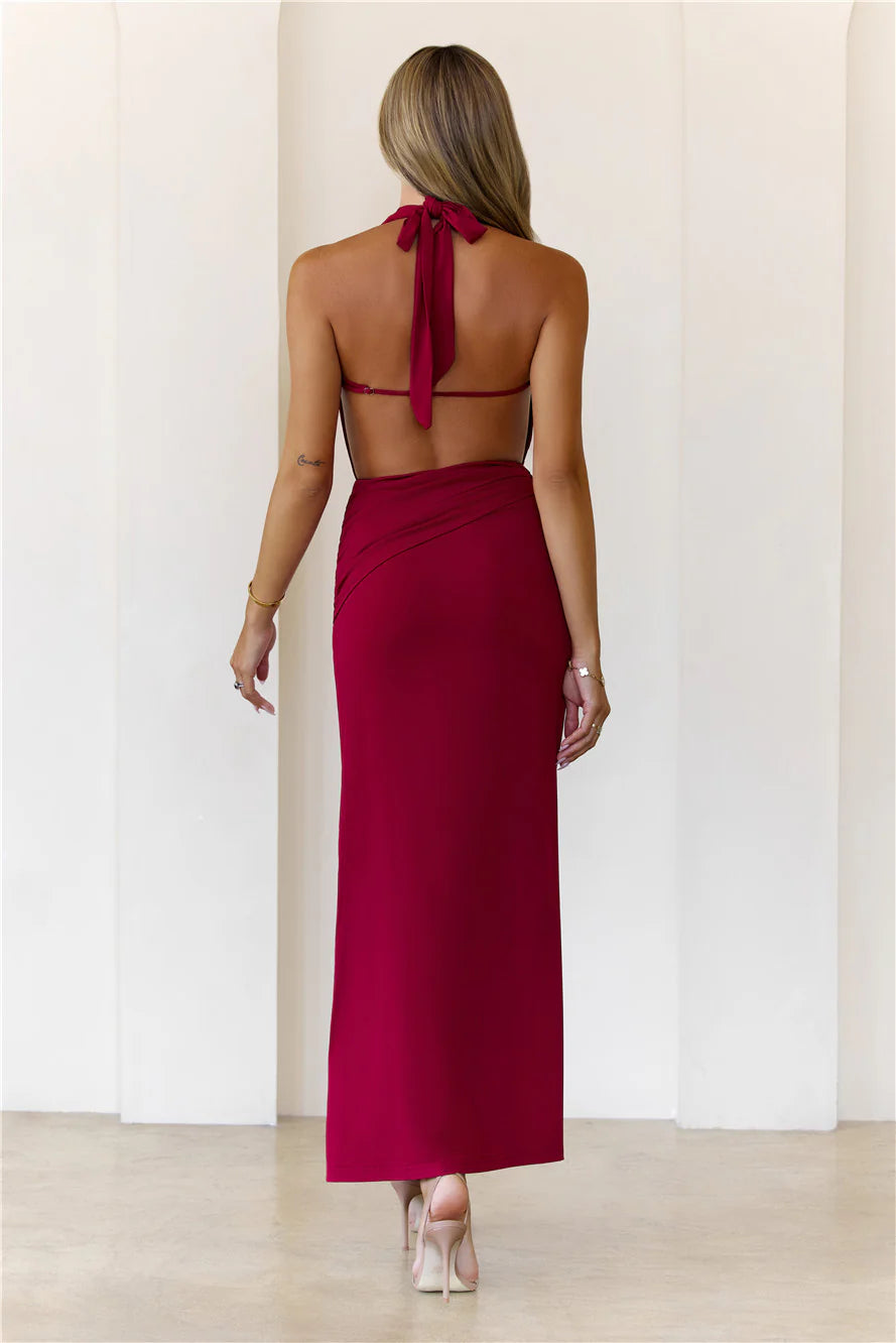 Silk Essence Halter Maxi Dress Burgundy