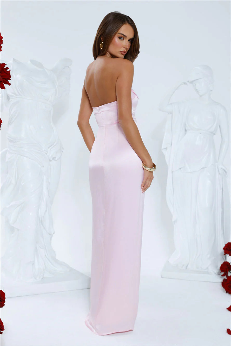 Sleek Aura Strapless Satin Maxi Dress Pink