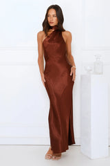 She's Got Plans Satin Maxi Dress Brown