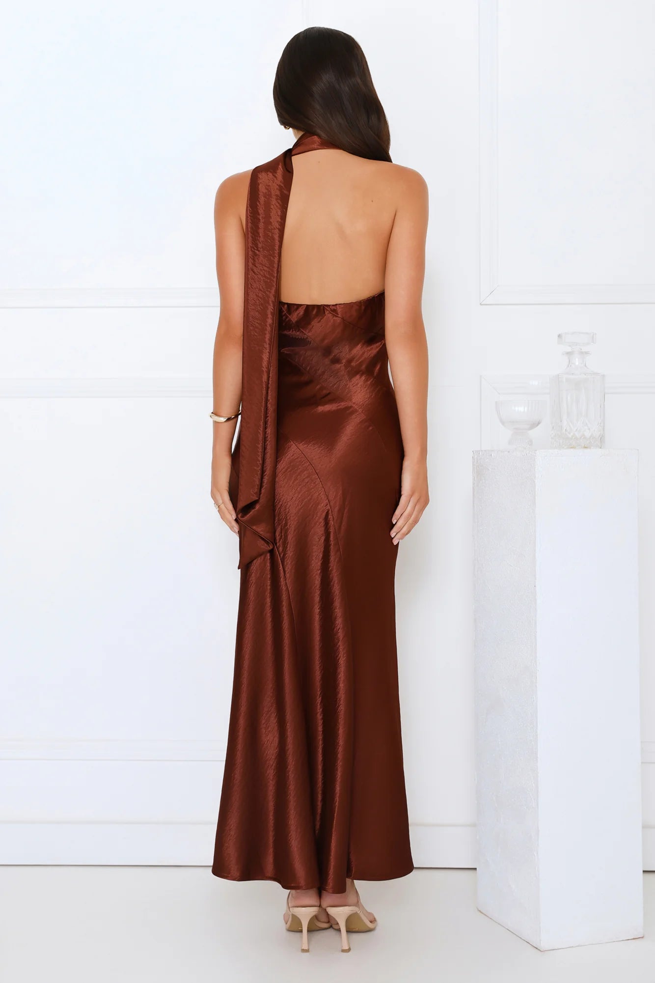 She's Got Plans Satin Maxi Dress Brown