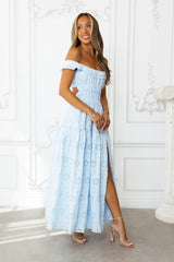 Secrets You Keep Off Shoulder Embroidered Maxi Dress Blue