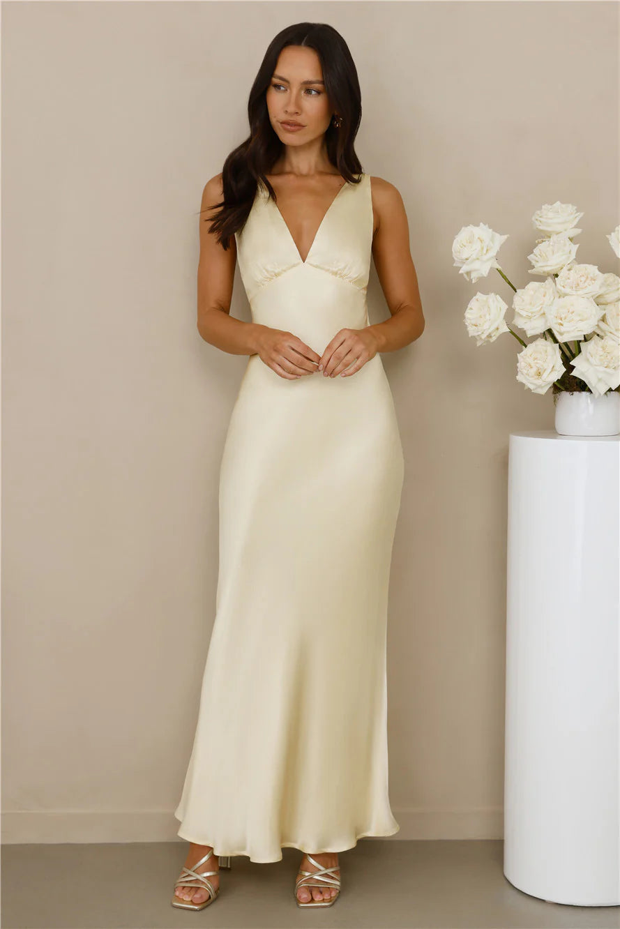 The Isabeau Satin Maxi Dress Yellow