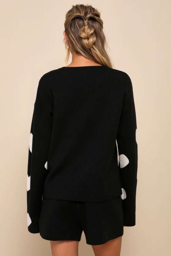 Weekend Adoration Black Heart Print Pullover Sweater