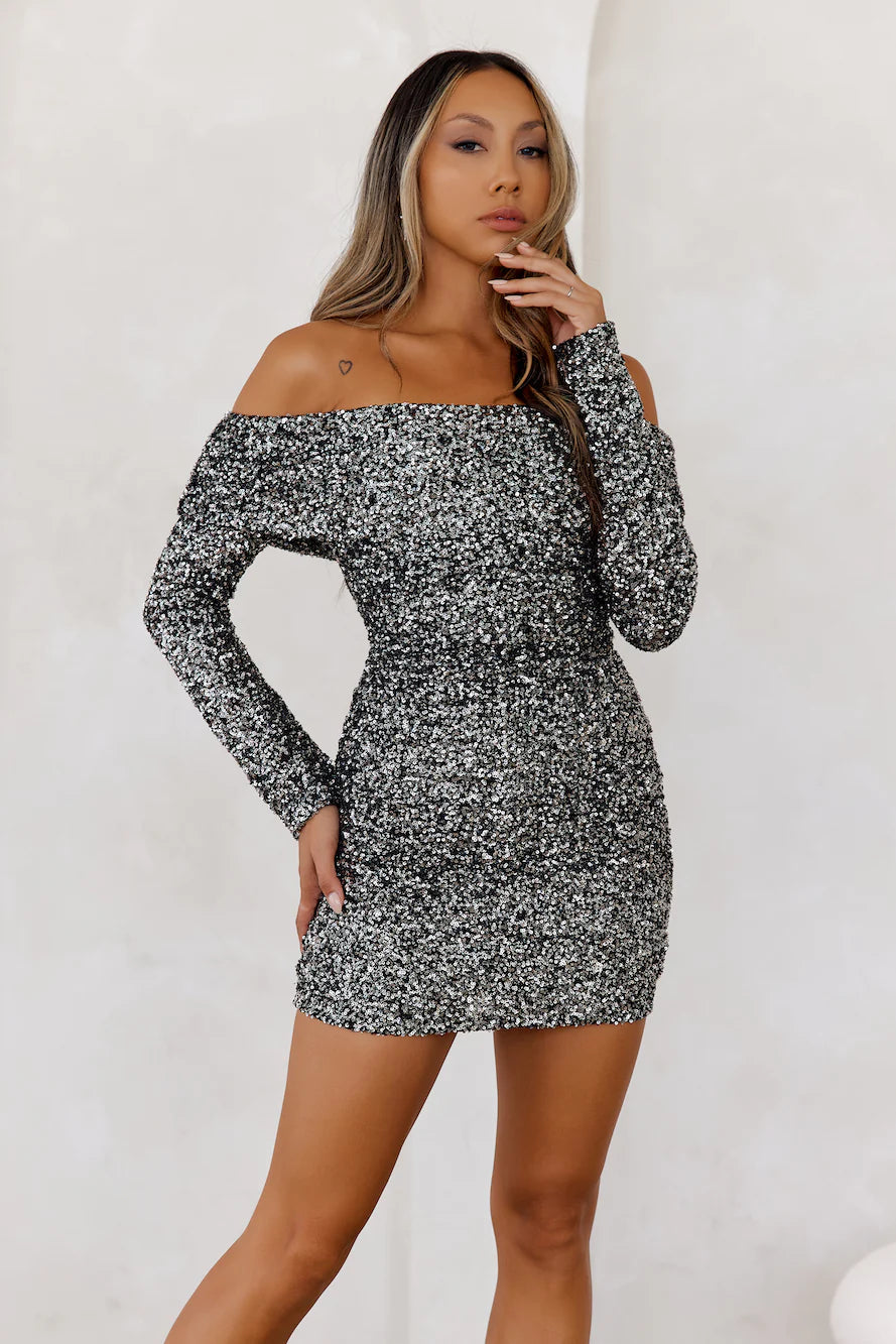 Shiny Side Off Shoulder Sequin Mini Dress Gunmetal