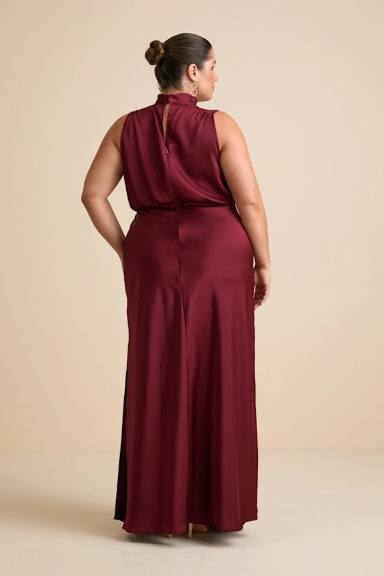 Classic Elegance Wine Satin Maxi Dress