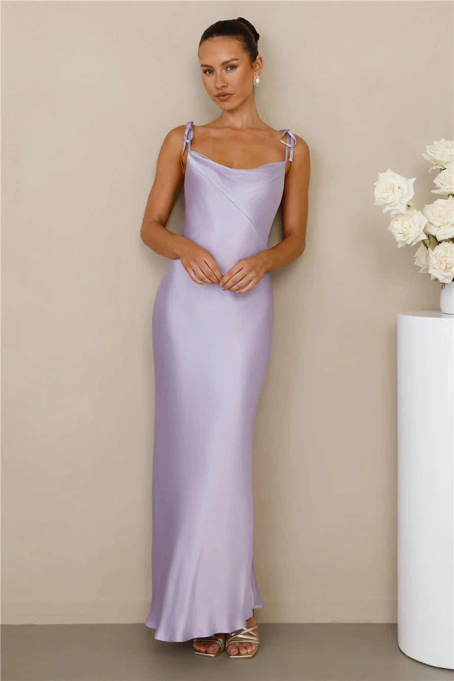 The Penelope Cowl Satin Maxi Dress Lilac