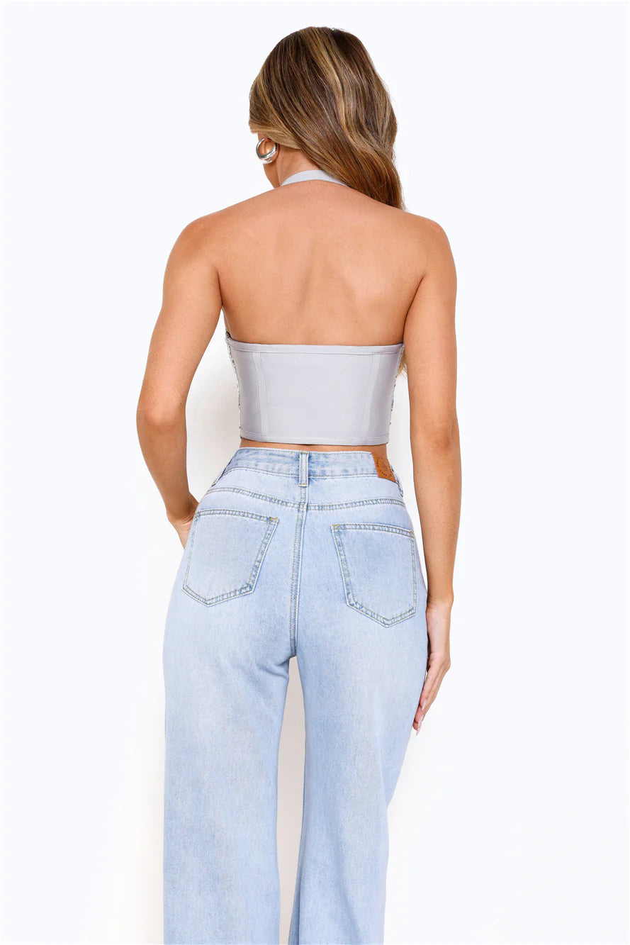 Sequin Edition Halter Corset Crop Top Silver