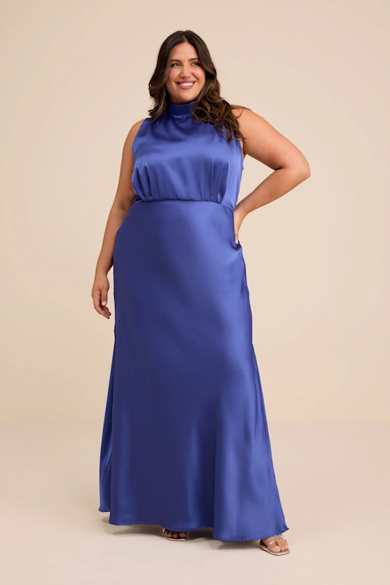 Classic Elegance Blue Satin Sleeveless Mock Neck Maxi Dress