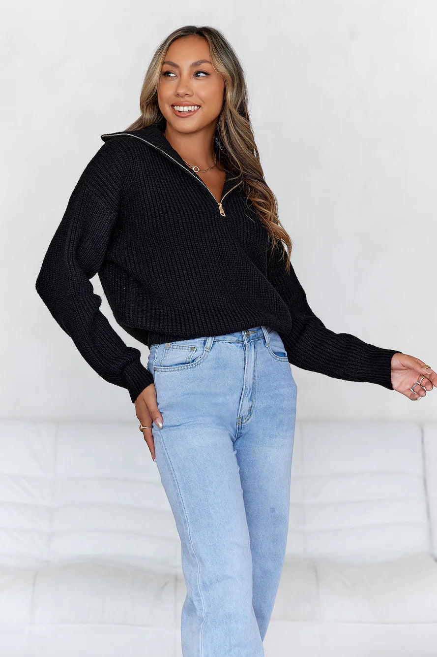 Snowfall Knitted Half Zip Sweater Black