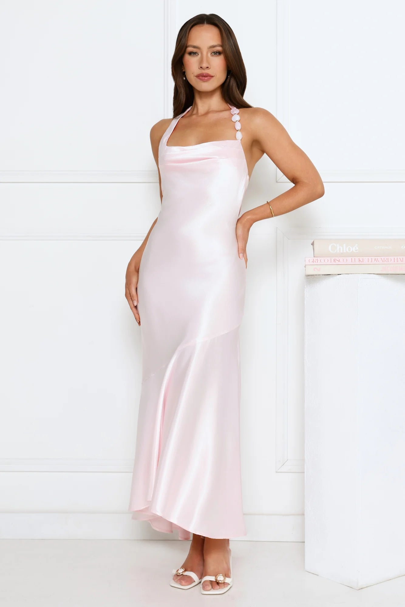Shimmer Crystal Satin Halter Maxi Dress Pink