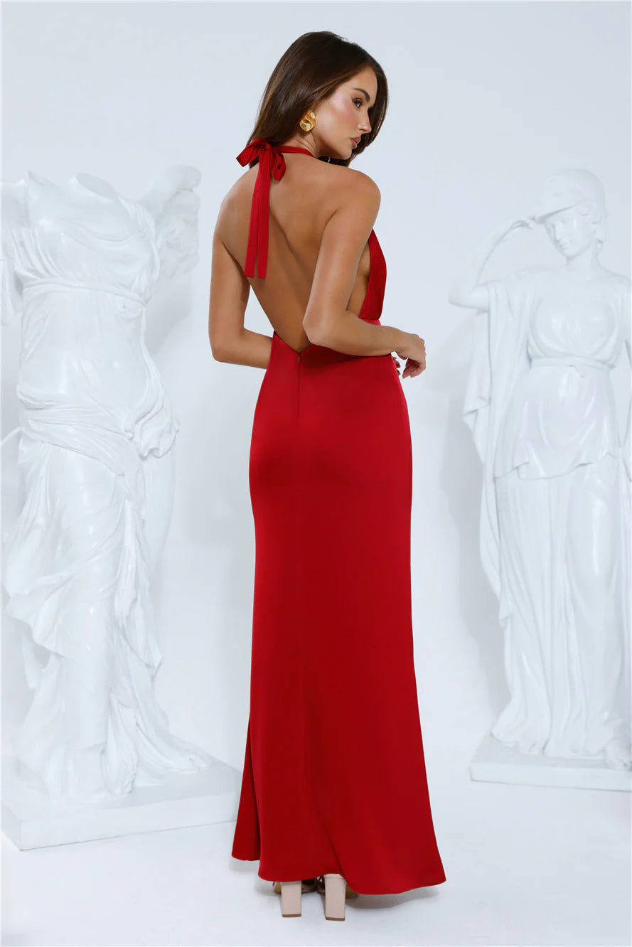 Silhouette Theory Halter Satin Maxi Dress Red