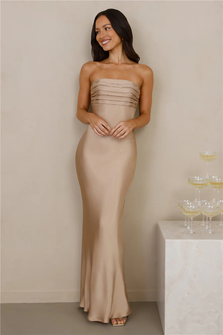 The Seraphina Strapless Satin Maxi Dress Champagne