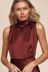 Classic Elegance Wine Satin Maxi Dress