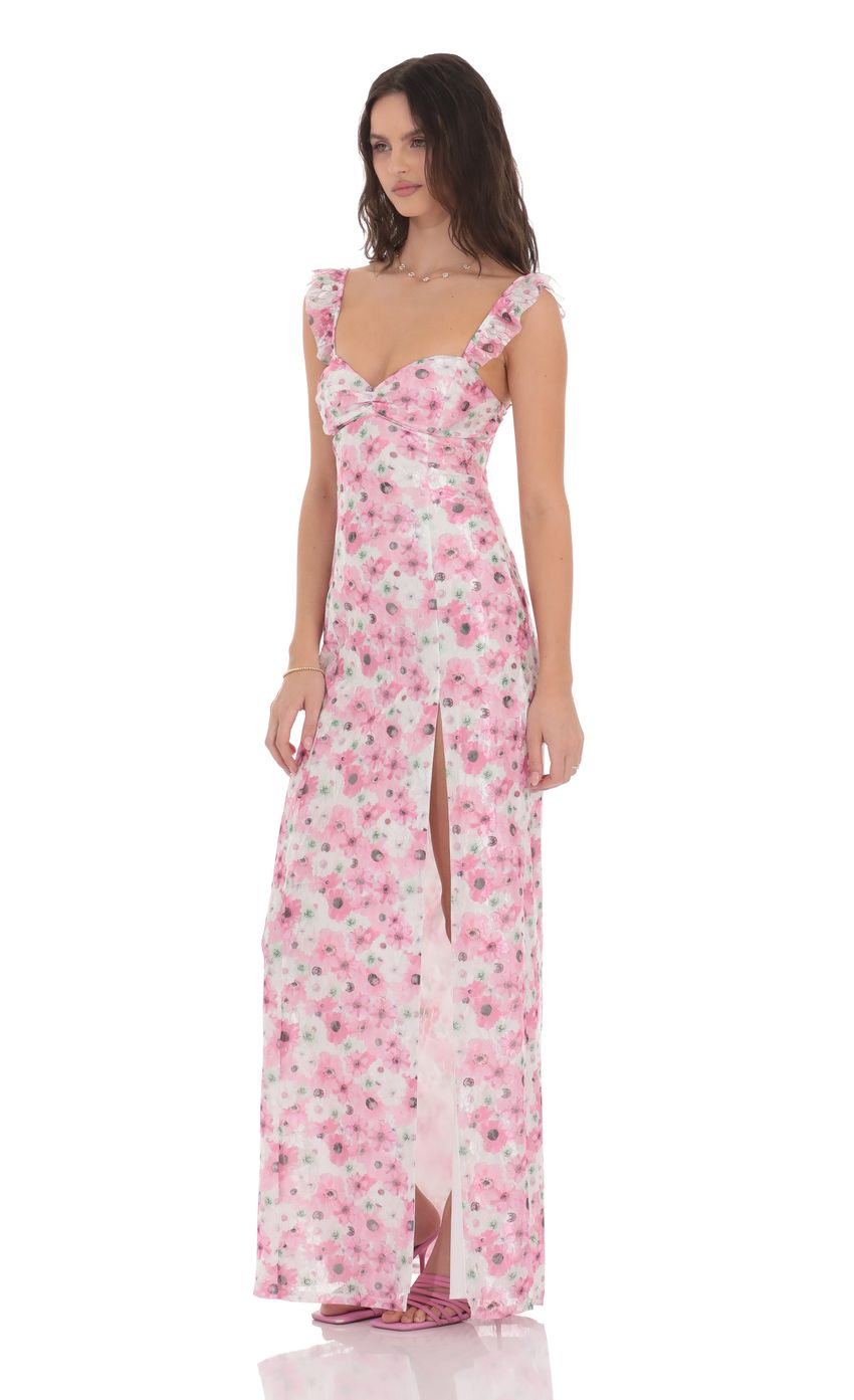 Lace Floral Ruffle Sleeve Maxi Dress in White