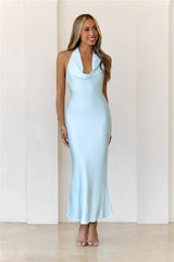 Starlit Diva Halter Satin Maxi Dress Blue