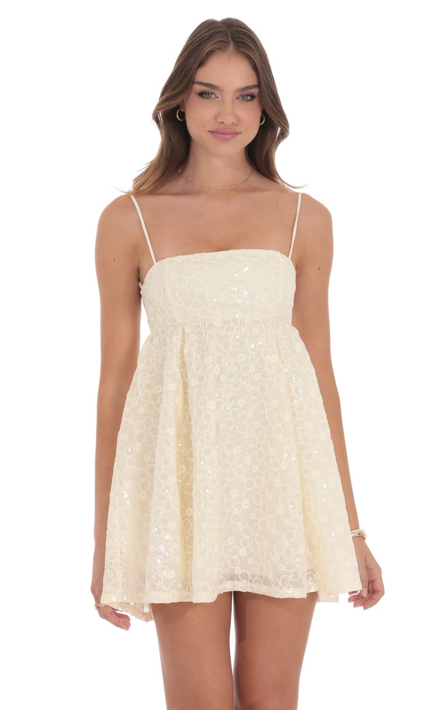 Floral Sequin Babydoll Dress in Cream