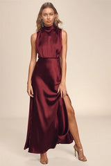 Classic Elegance Wine Satin Maxi Dress
