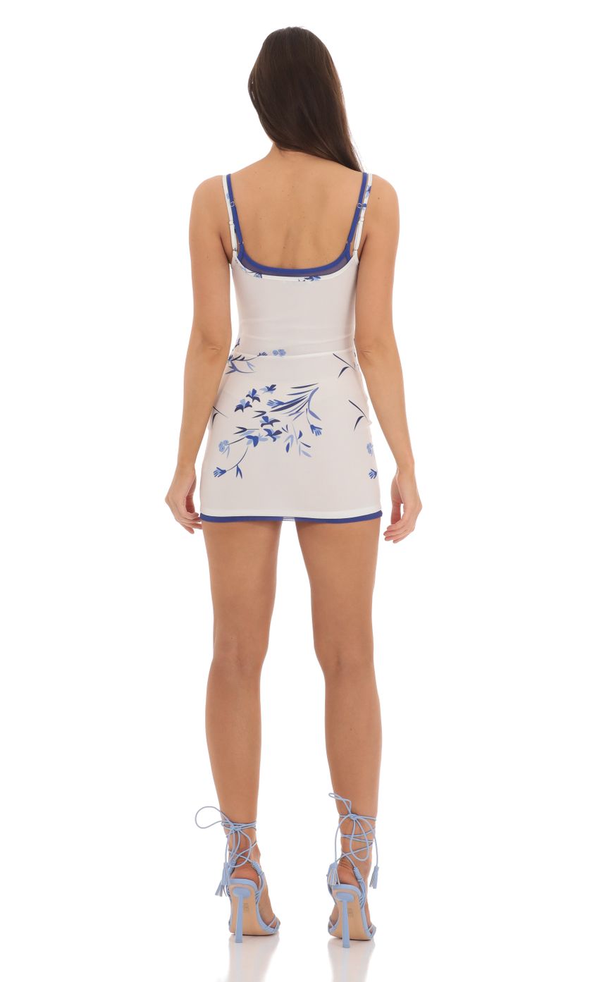 Double Strap Mesh Floral Bodycon Dress in White