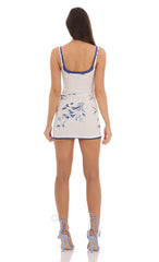 Double Strap Mesh Floral Bodycon Dress in White