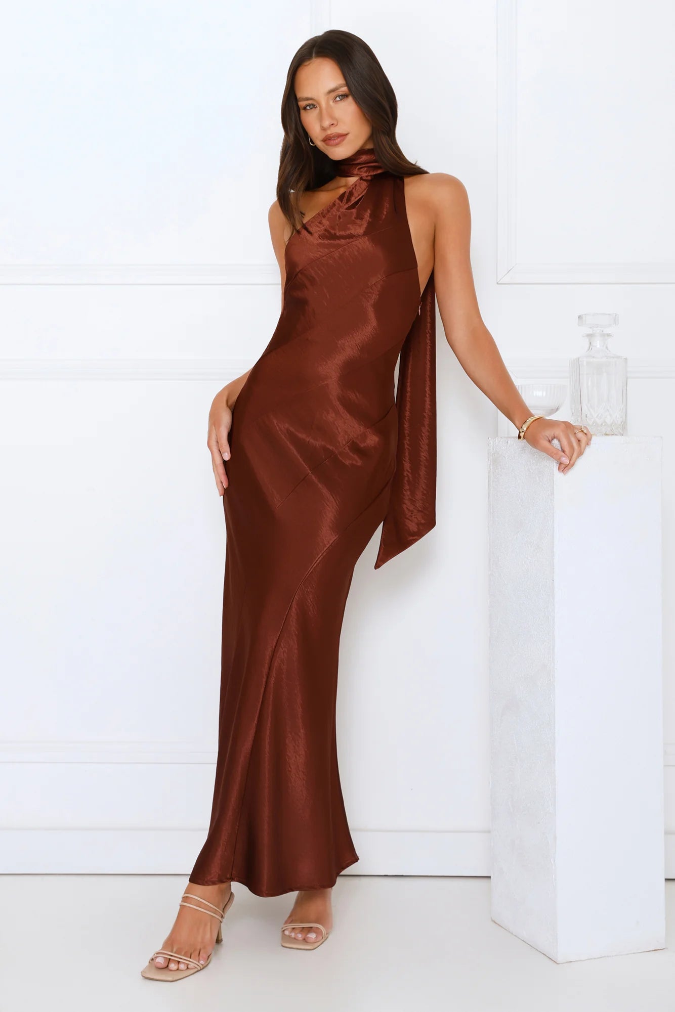 She's Got Plans Satin Maxi Dress Brown