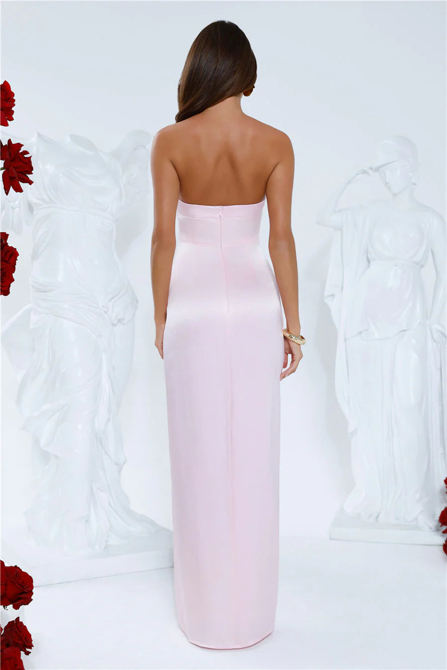Sleek Aura Strapless Satin Maxi Dress Pink
