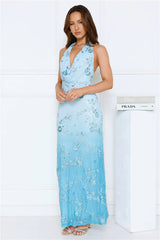 Shine Society Embellished Halter Maxi Dress Blue