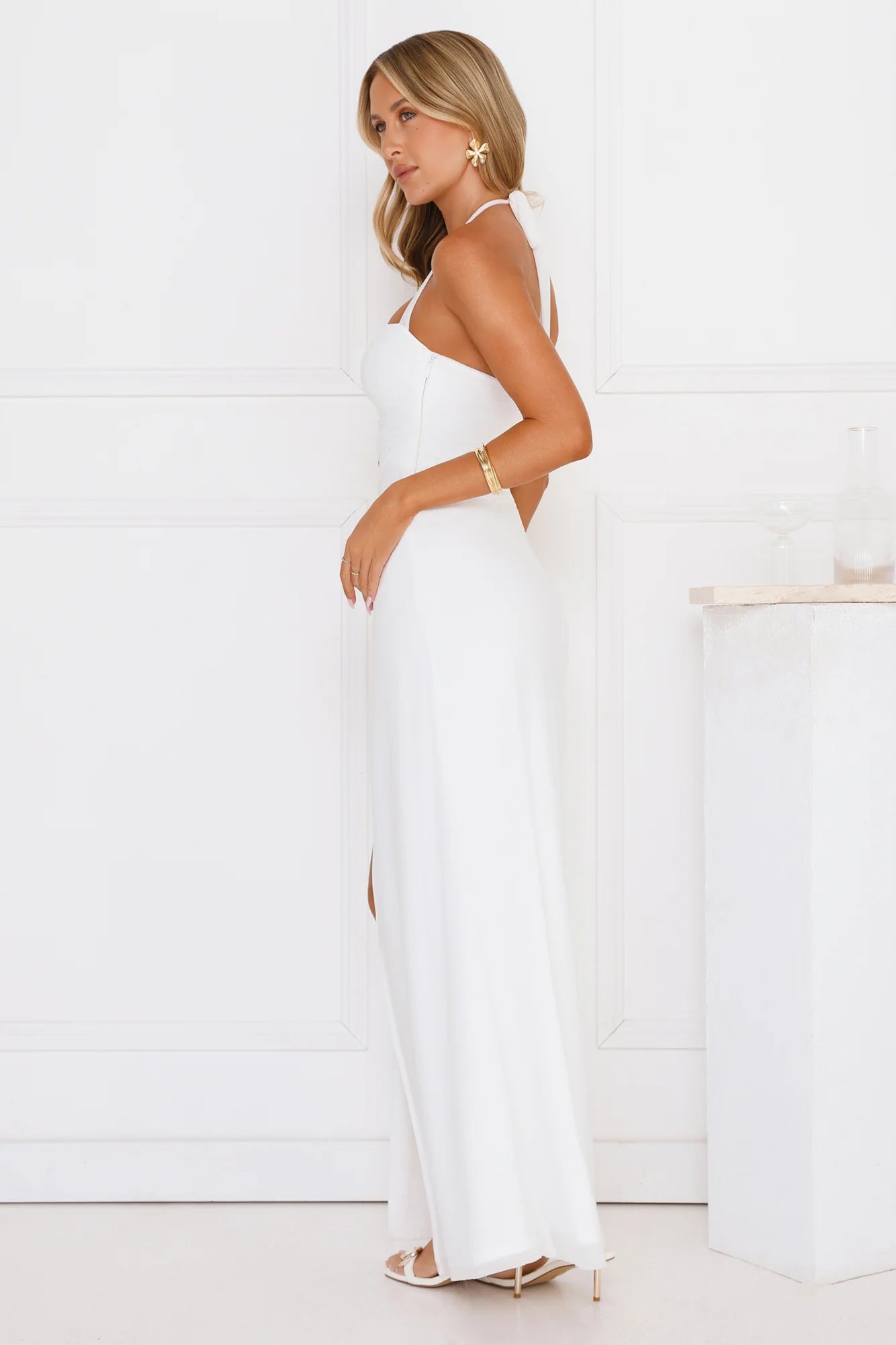 Shimmering Sea Stars Halter Maxi Dress White